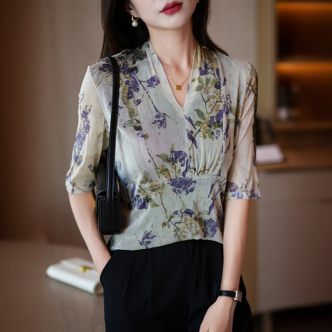 元杉重磅真丝针织打底衫女T恤2024春夏新款V领洋气网眼桑蚕丝上衣