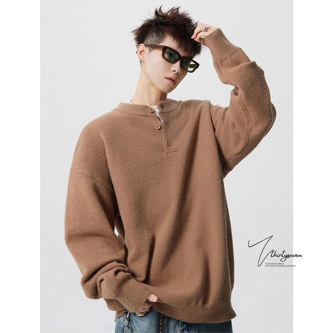 V37美式复古纯色毛衣男秋季潮牌休闲线衣户外街头高级感针织衫