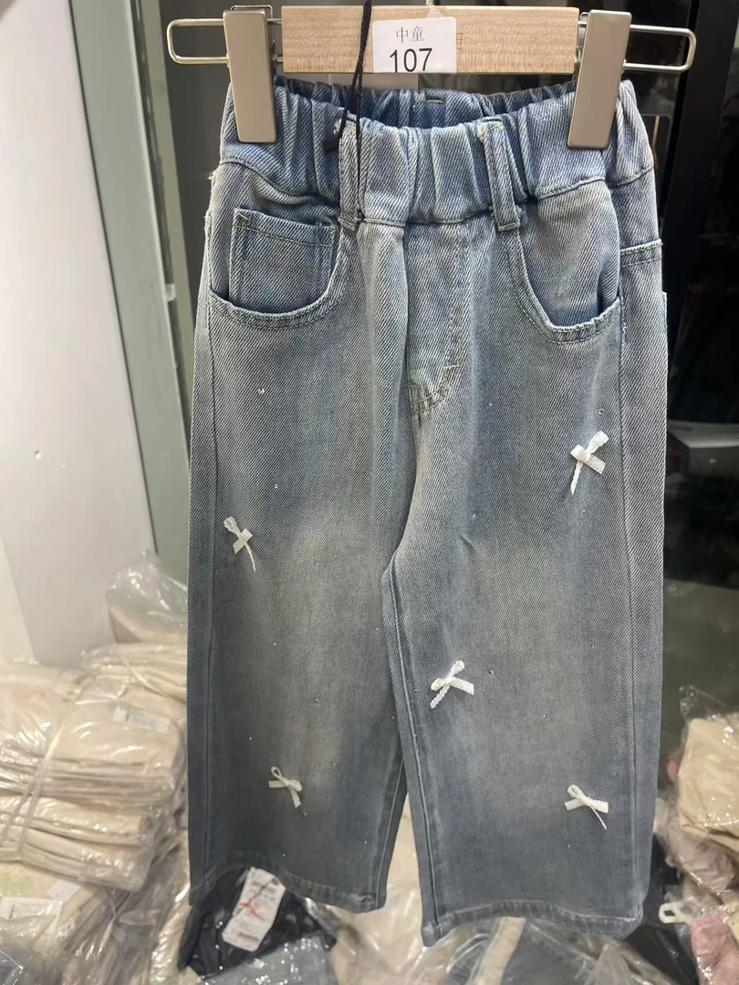 中童宽松直筒牛仔裤经典蓝色适合日常牛仔裤裤子阔腿裤高腰童装