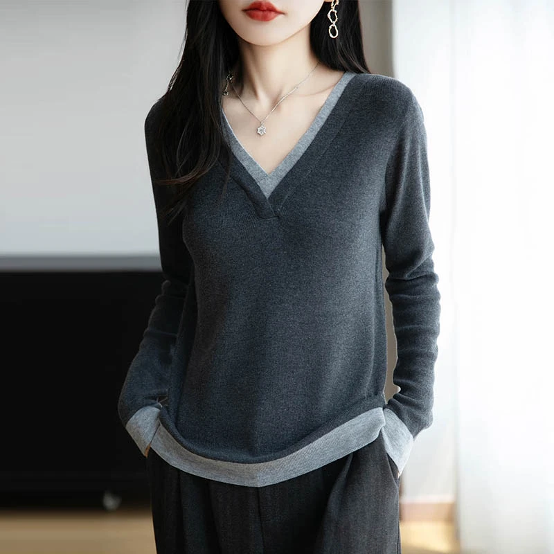 哥弟阿玛施正品韩系假两件羊毛毛针织衫女早秋设计感减龄长袖上衣