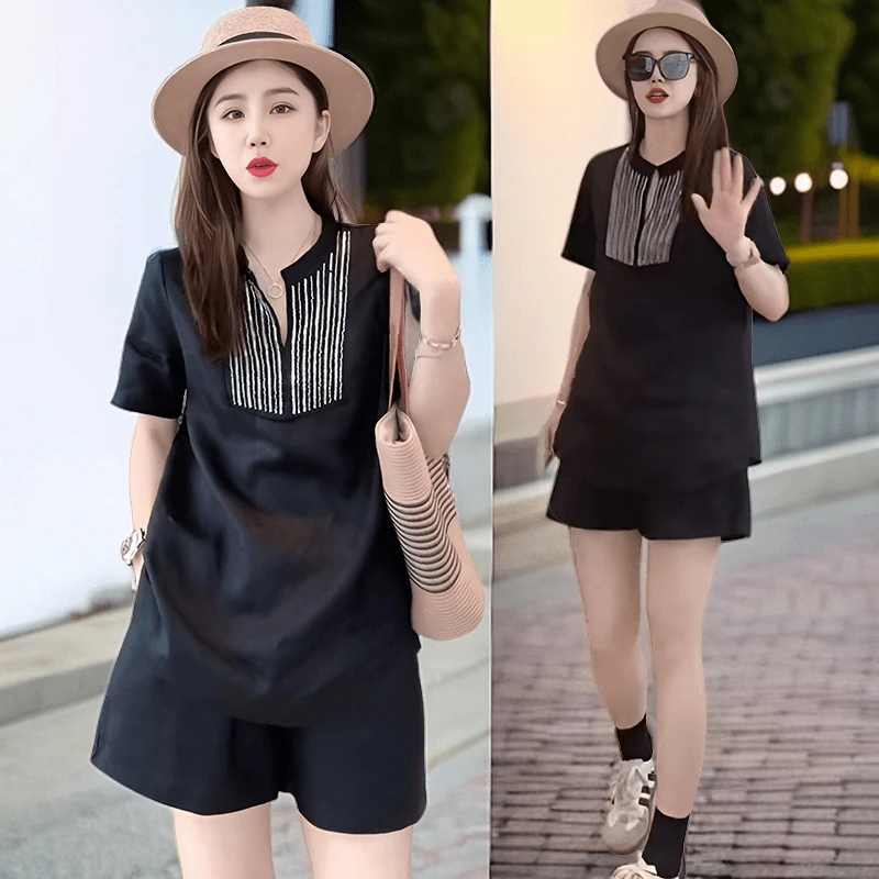 时尚气质小个子套装女士2025夏季新款短袖t恤休闲阔腿短裤两件套