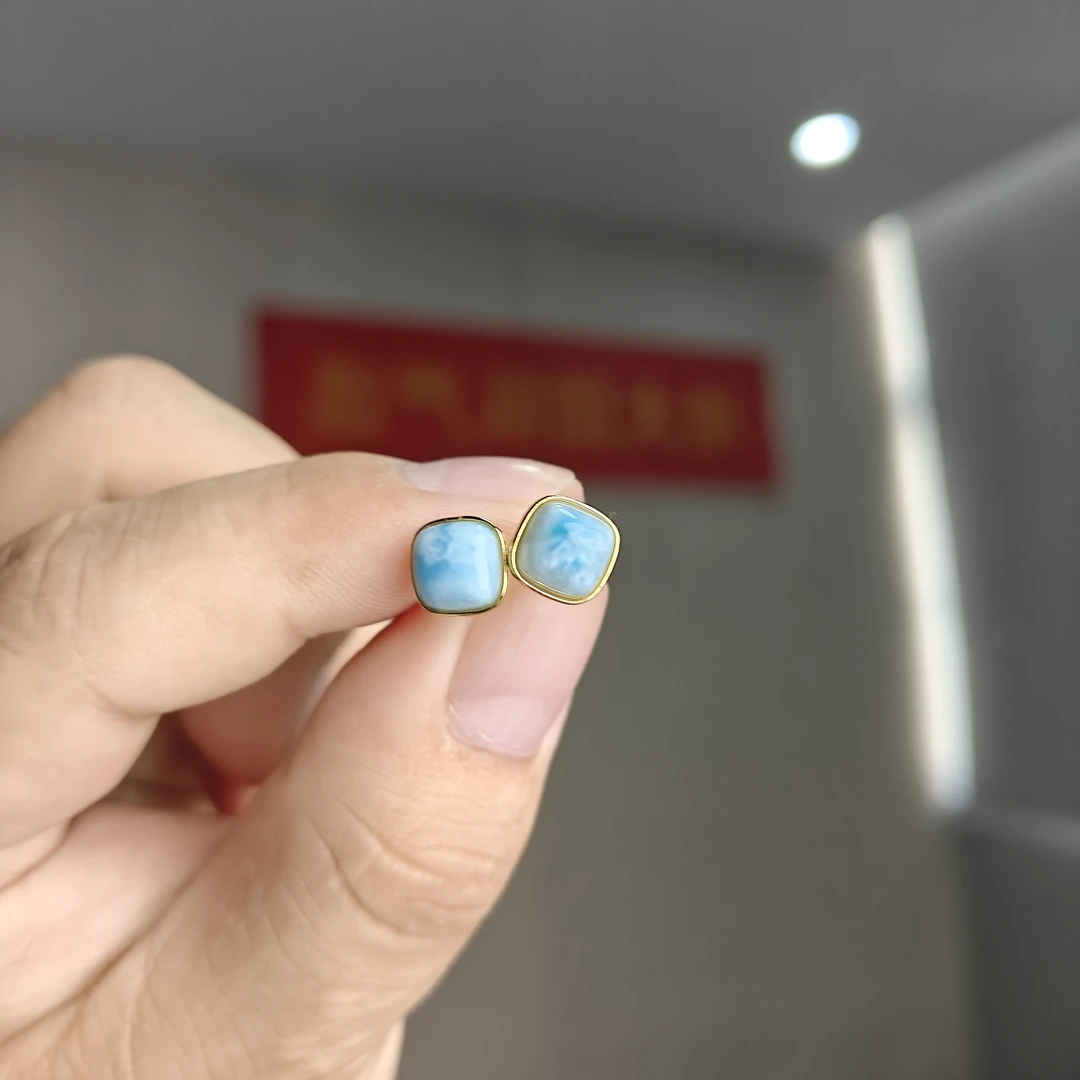 海纹石方型S925银耳钉