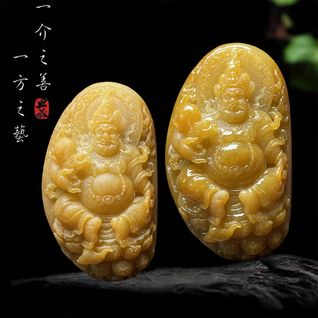 【已结缘】合一堂翡翠工作室定制展示：糯冰冰黄《黄财神》毛货挂件