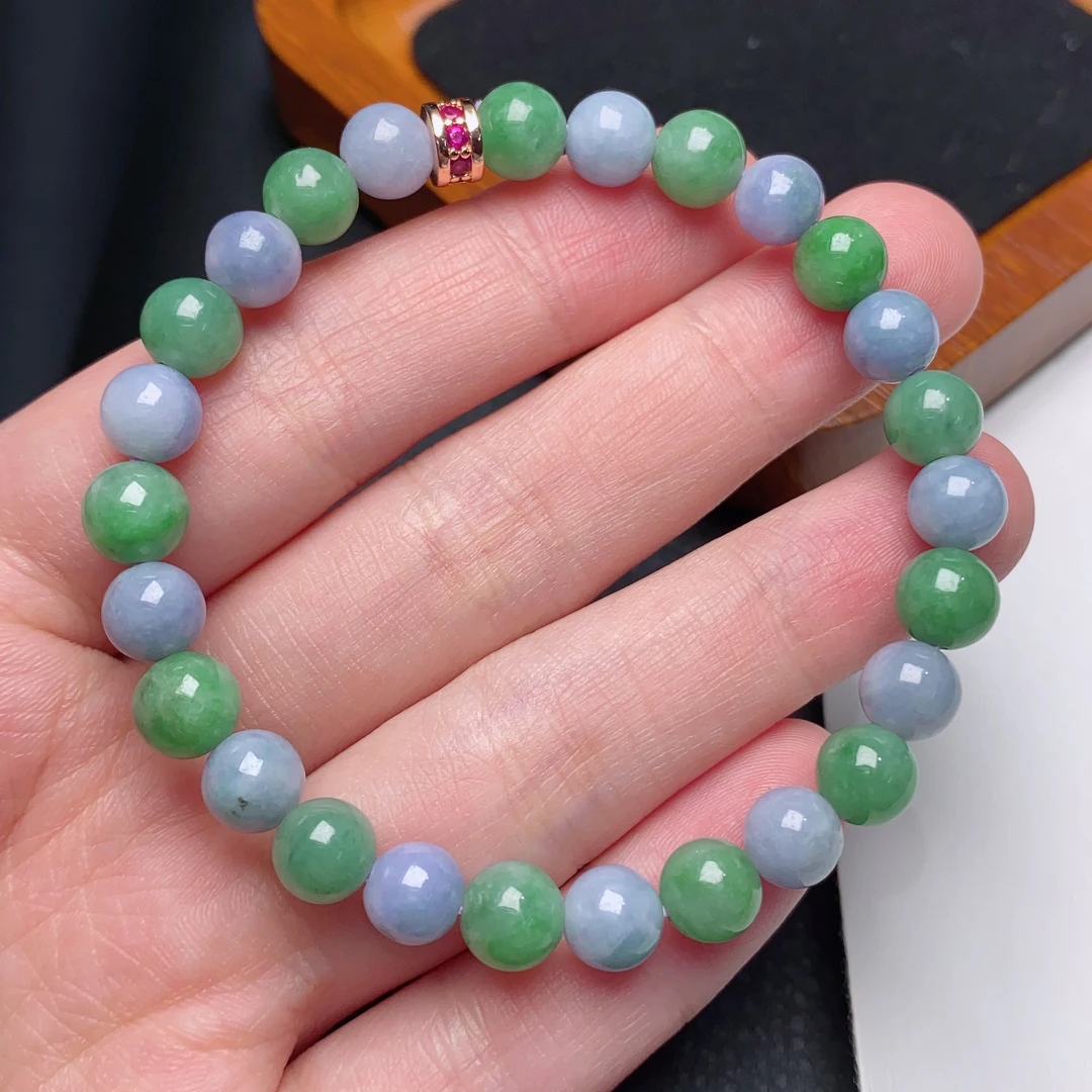 缅甸天然a货翡翠冰润紫加绿双彩圆珠手链卡7mm清新精美