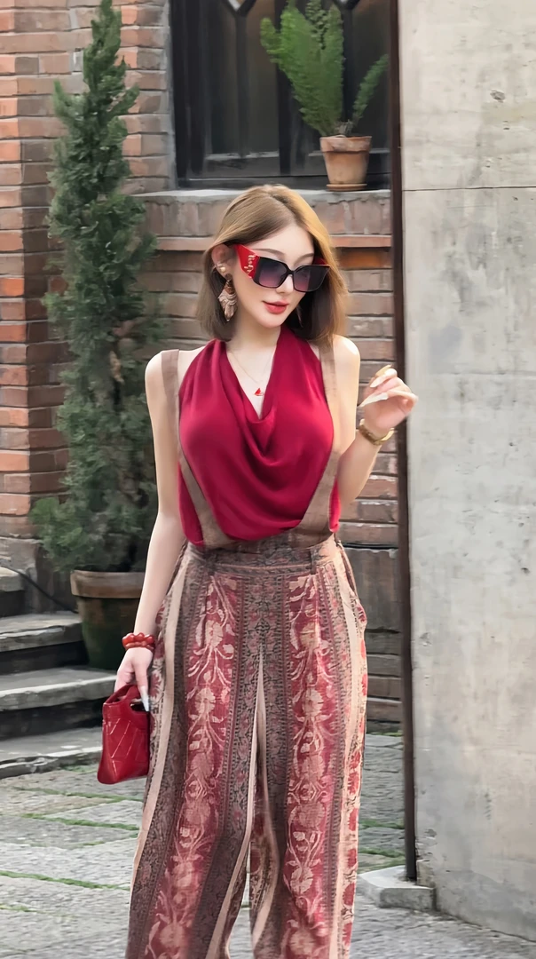 复古休闲套装女夏季新款印花亚麻背带裤