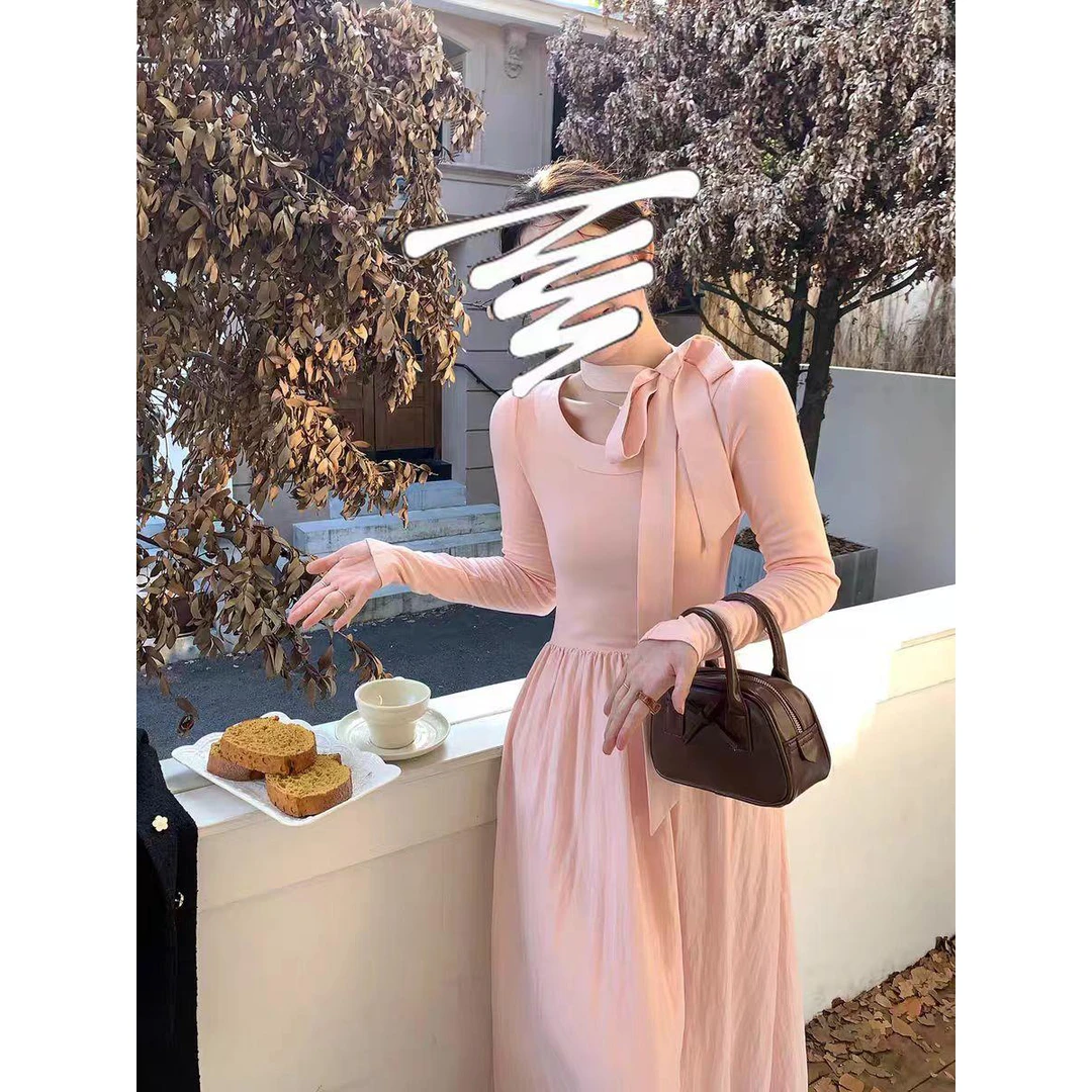 韩版长袖圆领秋季套头日式长裙连衣裙收腰法式气质显瘦
