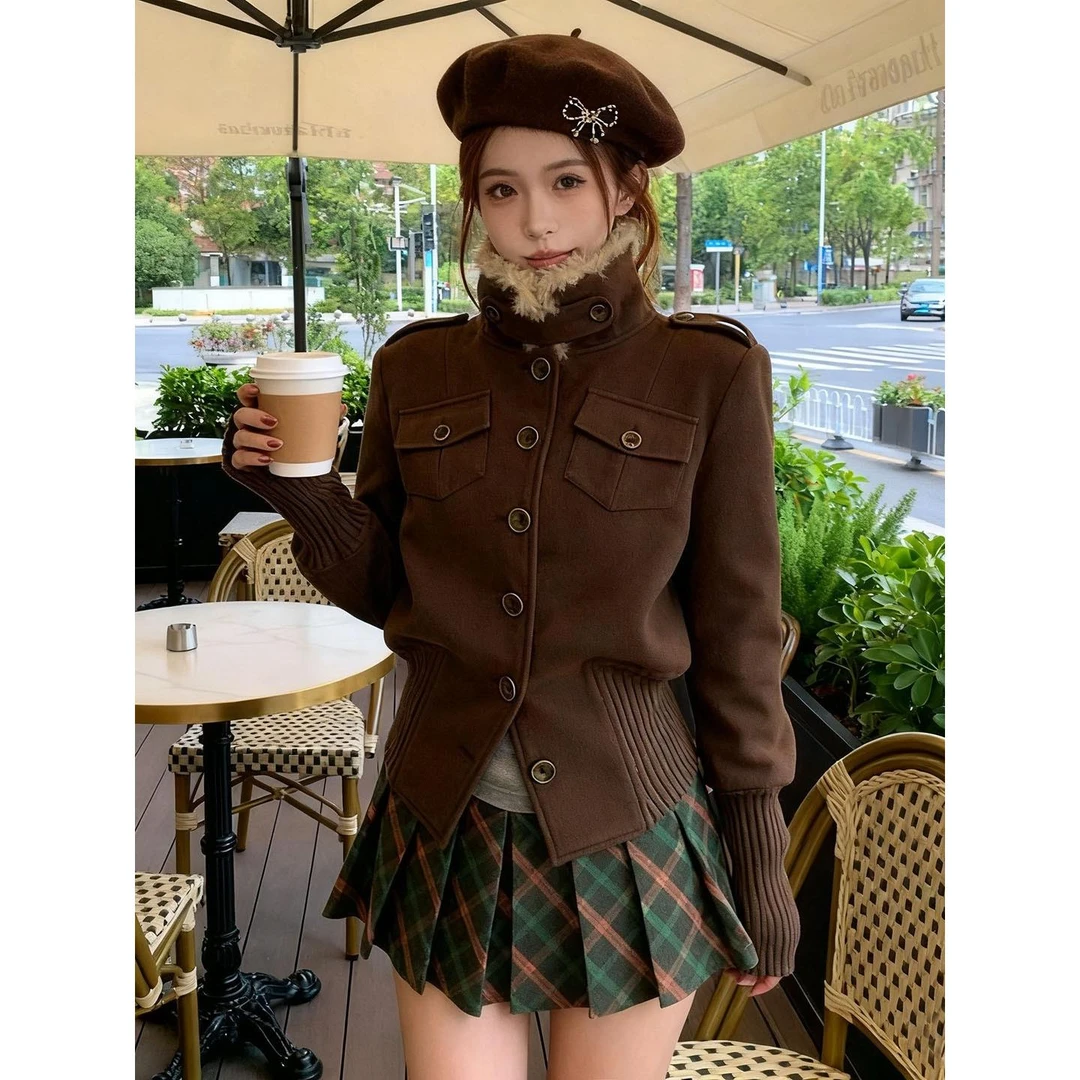 美拉德覆古气质咖色毛领短款外套秋季美式老钱风保暖正肩毛呢外套