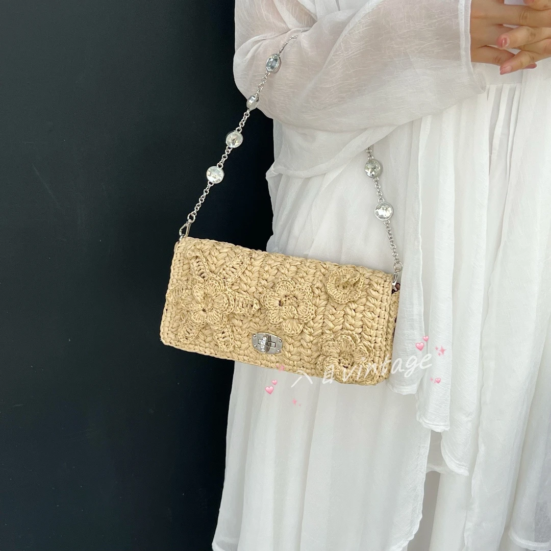 99新 MIU MIU/缪缪 入目 卡其色拉菲草编织水晶宝石链条包 73647