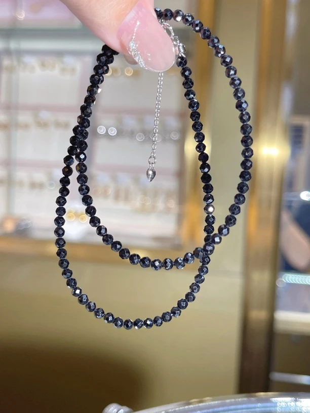 925银银制品 黑色水晶珠项链45cm