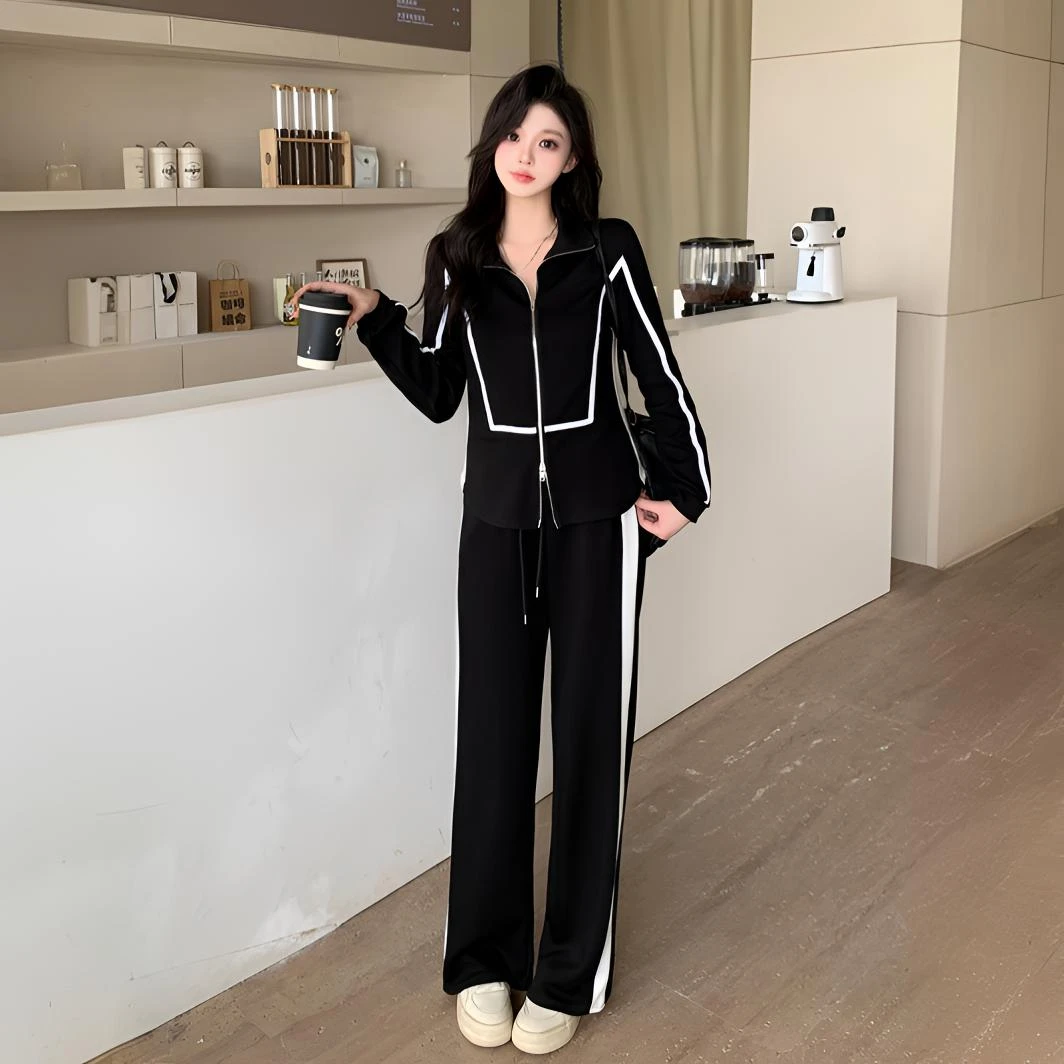 2025秋装新款女胖mm大码女休闲卫衣抽绳松紧腰阔腿长裤套装