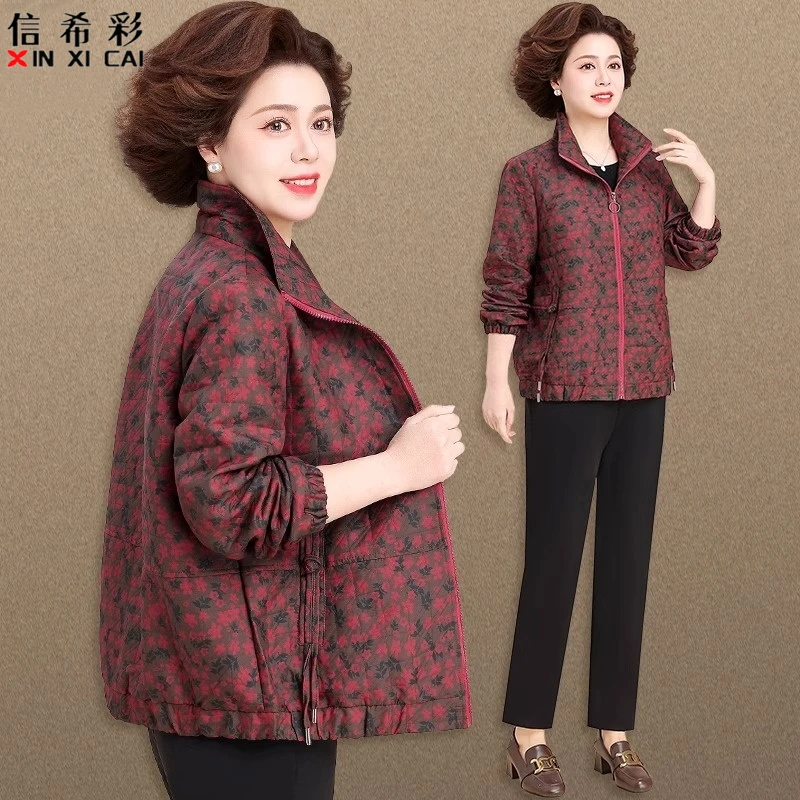 妈妈春装外套时尚洋气印花中老年人女春秋季夹克老人衣服加肥大码
