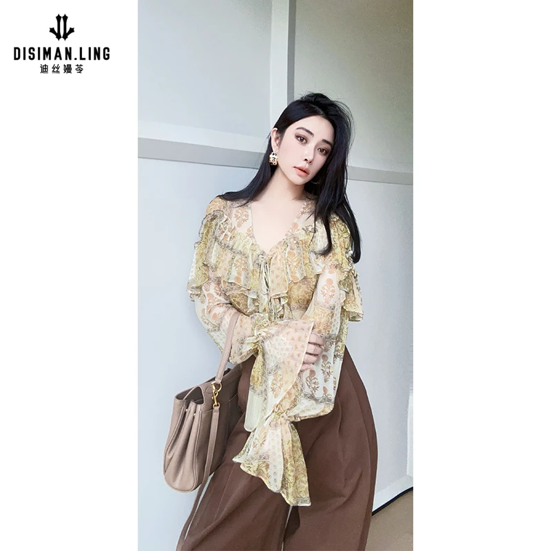 迪丝嫚苓花色上衣显瘦气质长袖时尚夏季百搭原创设计师小众优雅感