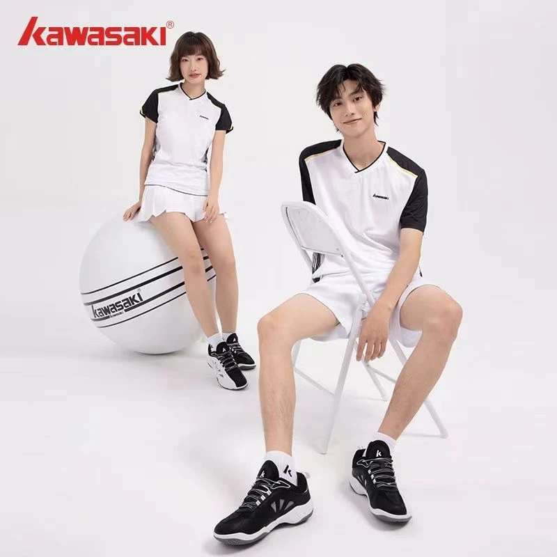 kawasaki/川崎羽毛球服速干吸汗透气男女款情侣V领短袖T恤运动服