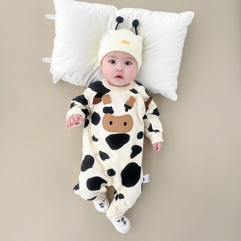 超萌可爱洋气新生婴儿宝宝衣服双层连体衣哈衣爬服奶牛百天春秋装