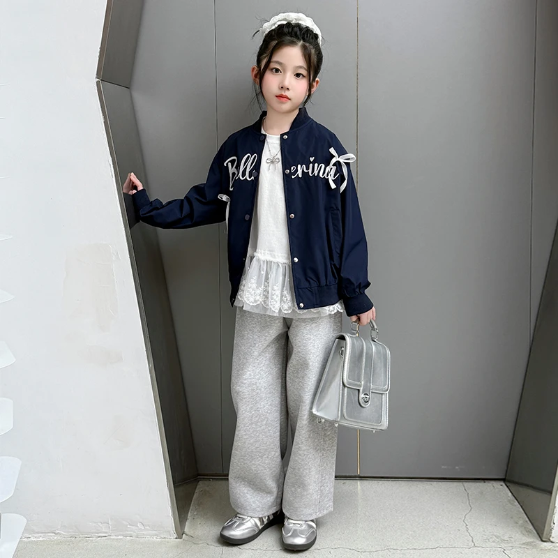 女童春季套装2025新款洋气时尚蝴蝶结装饰三件套6-12岁中大童衣服