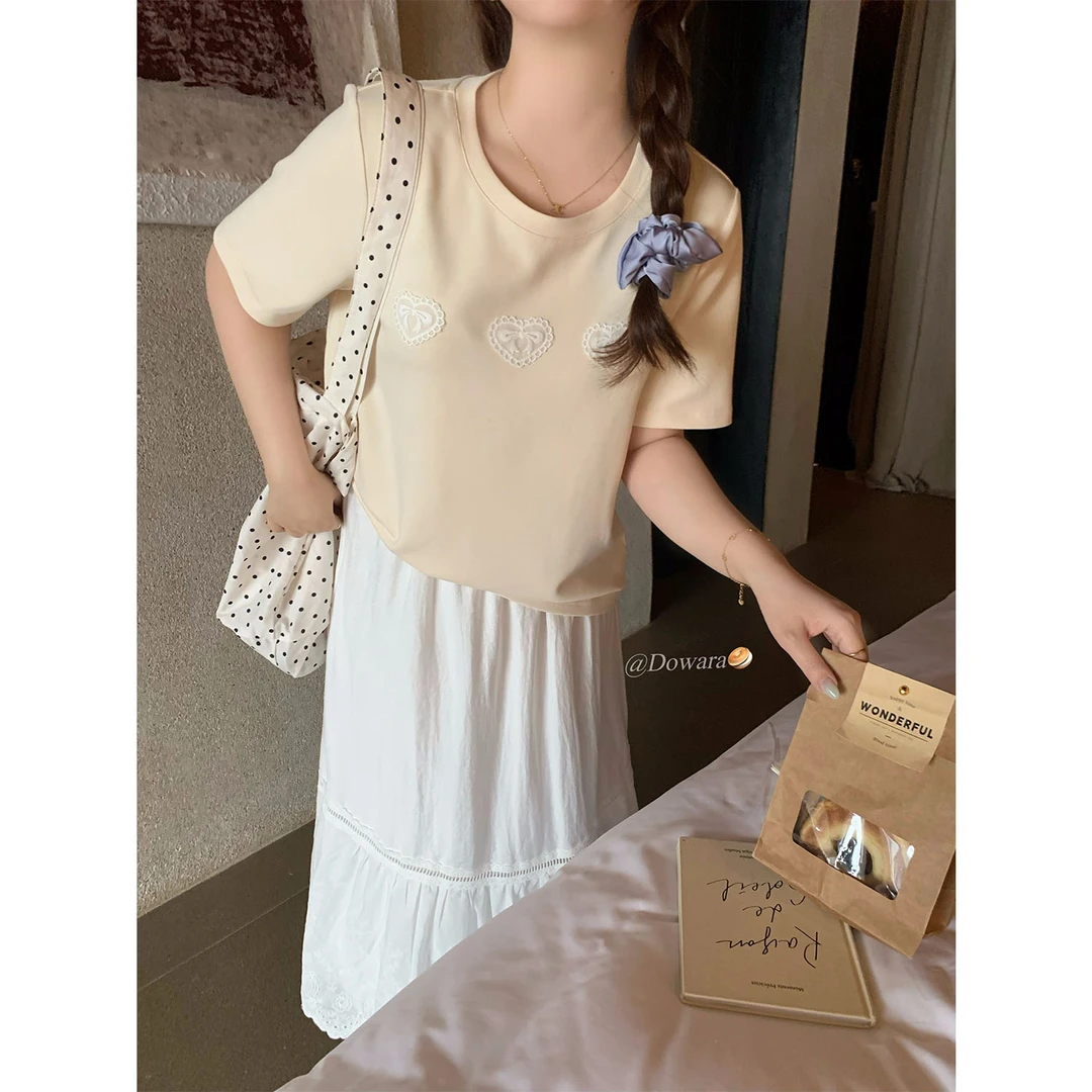 现货7861D大婉酱千千微胖定制韩系圆领爱心正肩短袖T恤显瘦上衣女