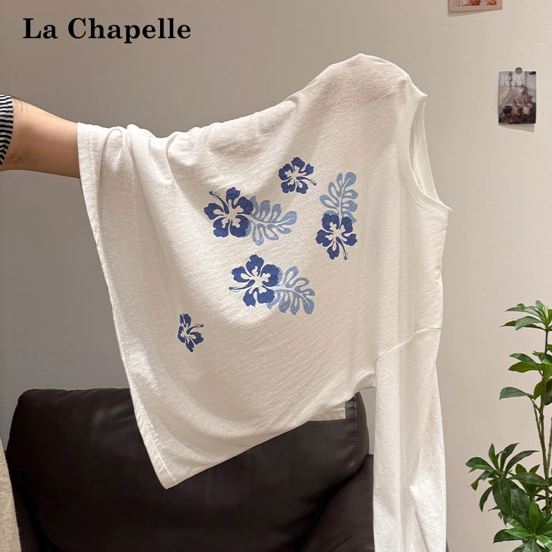 拉夏贝尔慵懒风花朵印花防晒长袖T恤罩衫女夏季松弛感宽松小上衣