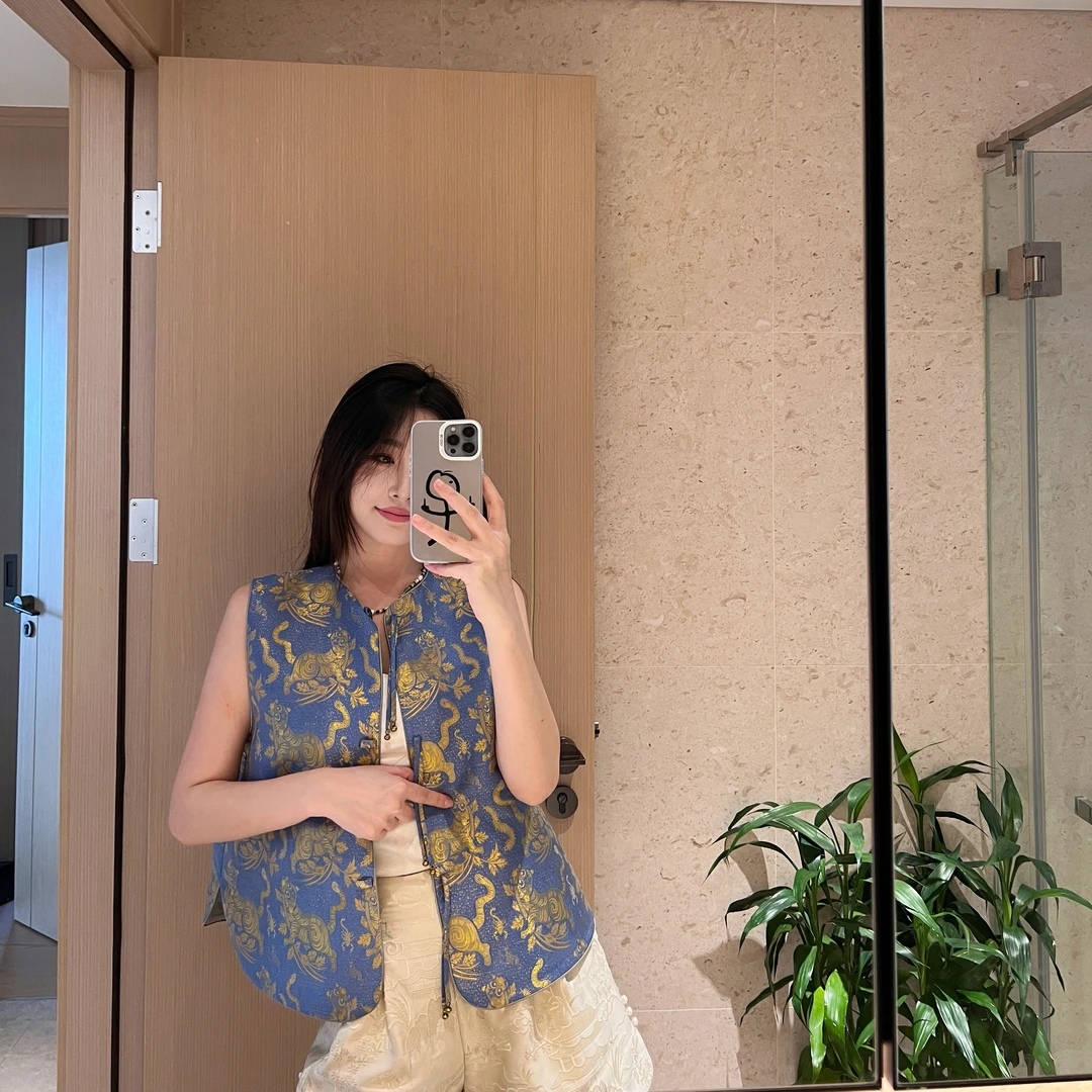 【未时梦】虎虎生威 新中式中国风百搭无袖桑蚕丝织金宋锦马甲上衣