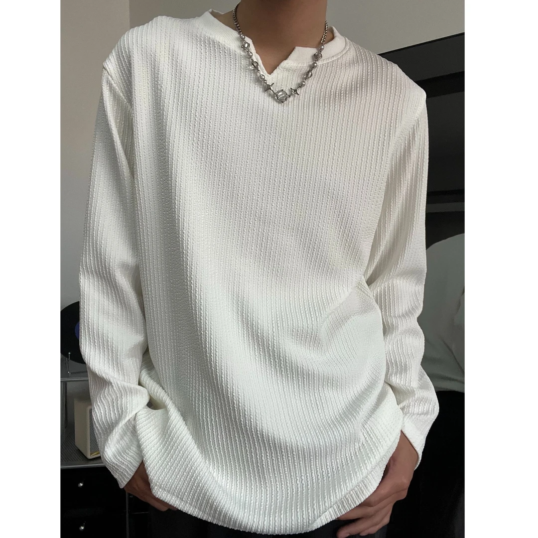 美式cleanfit长袖t恤男秋冬加绒纯色肌理感休闲潮流宽松V领打底衫