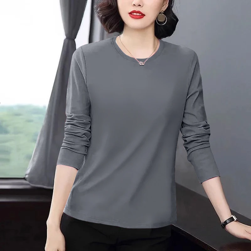 莫代尔新款韩版时尚打底衫秋冬季纯色外穿百搭妈妈装圆领长袖t恤