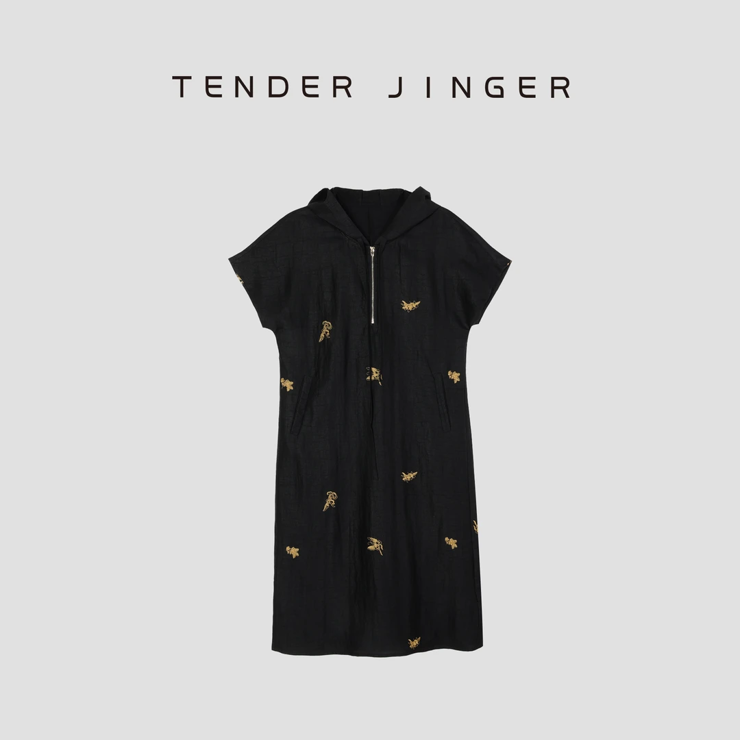 Tender Jinger【黑标】龟裂纹香云纱减龄刺绣连衣裙T52JJH30667
