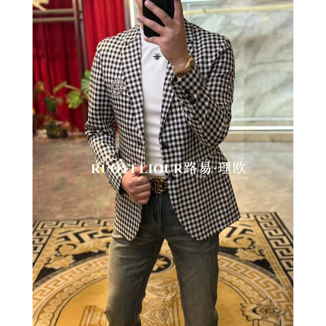 【路易理欧】2025欧货胸标轻奢春夏潮流千鸟格醋酸男休闲便西0023