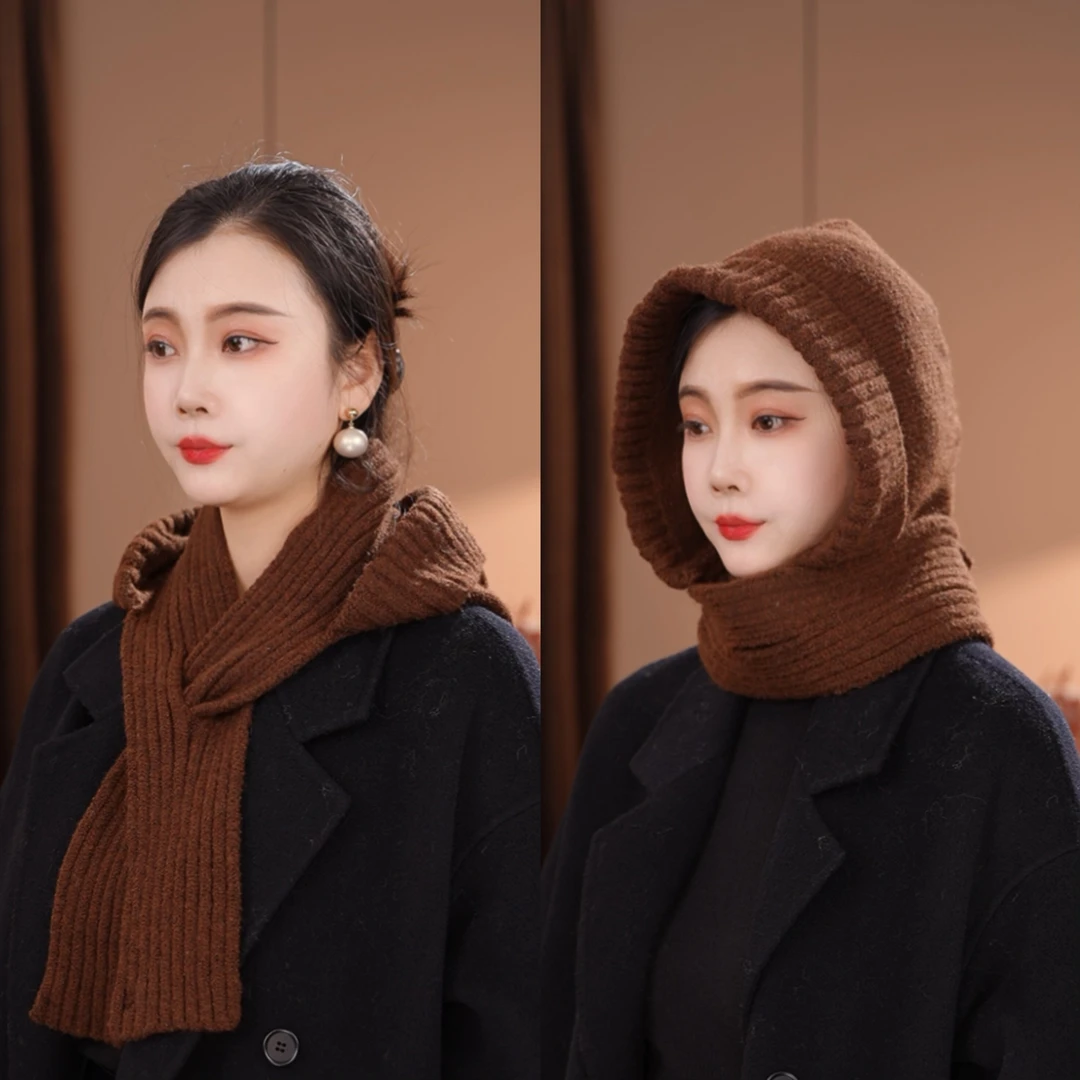 冬季羊毛混纺防寒保暖围脖帽交叉一体式多功能帽