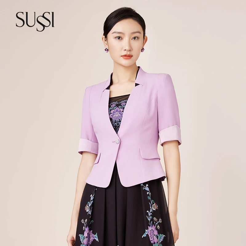 SUSSI/古色夏季新品商场同款紫色通勤中袖五分袖西装外套上衣女