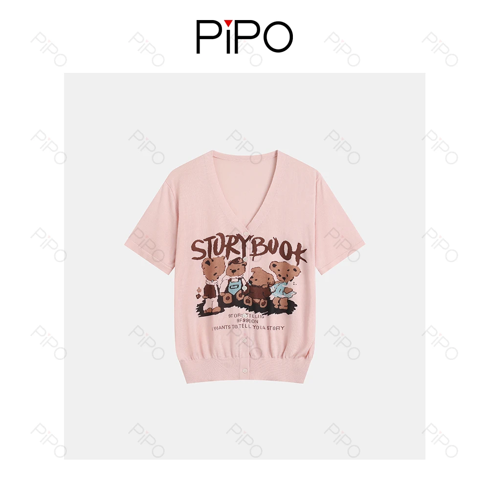 PIPO熊简约针织衫设计感欧若风印花针织衫短袖休闲DD52ZK819