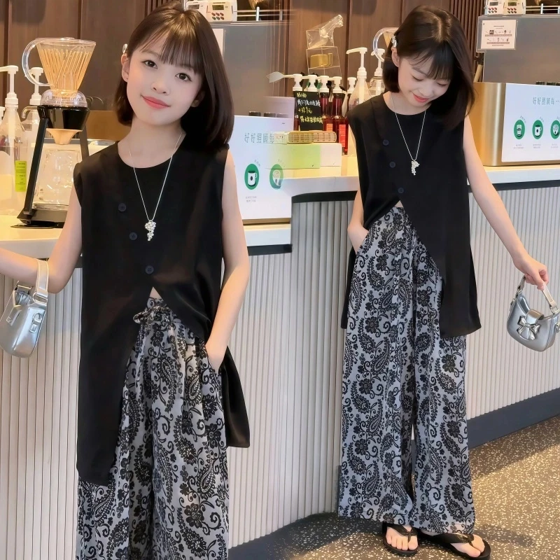 女童慵懒风2025夏新款百搭显瘦假日无袖背心高腰设计感提花阔腿裤