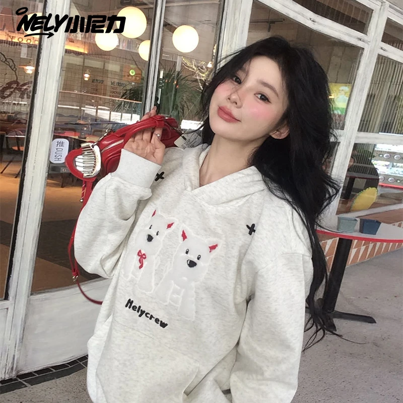 nely小尼力小狗毛绒贴布绣夏季情侣百搭不加绒趣味连帽卫衣男女