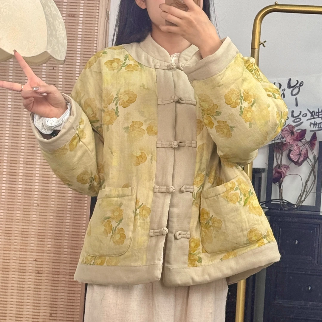 2025款A6016新中式秋冬款国风斜纹棉麻加厚棉服外套