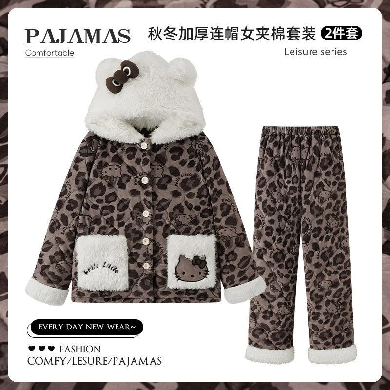 珊瑚绒2025年冬季睡衣女海岛绒三层夹棉加绒加厚家居服连帽套装