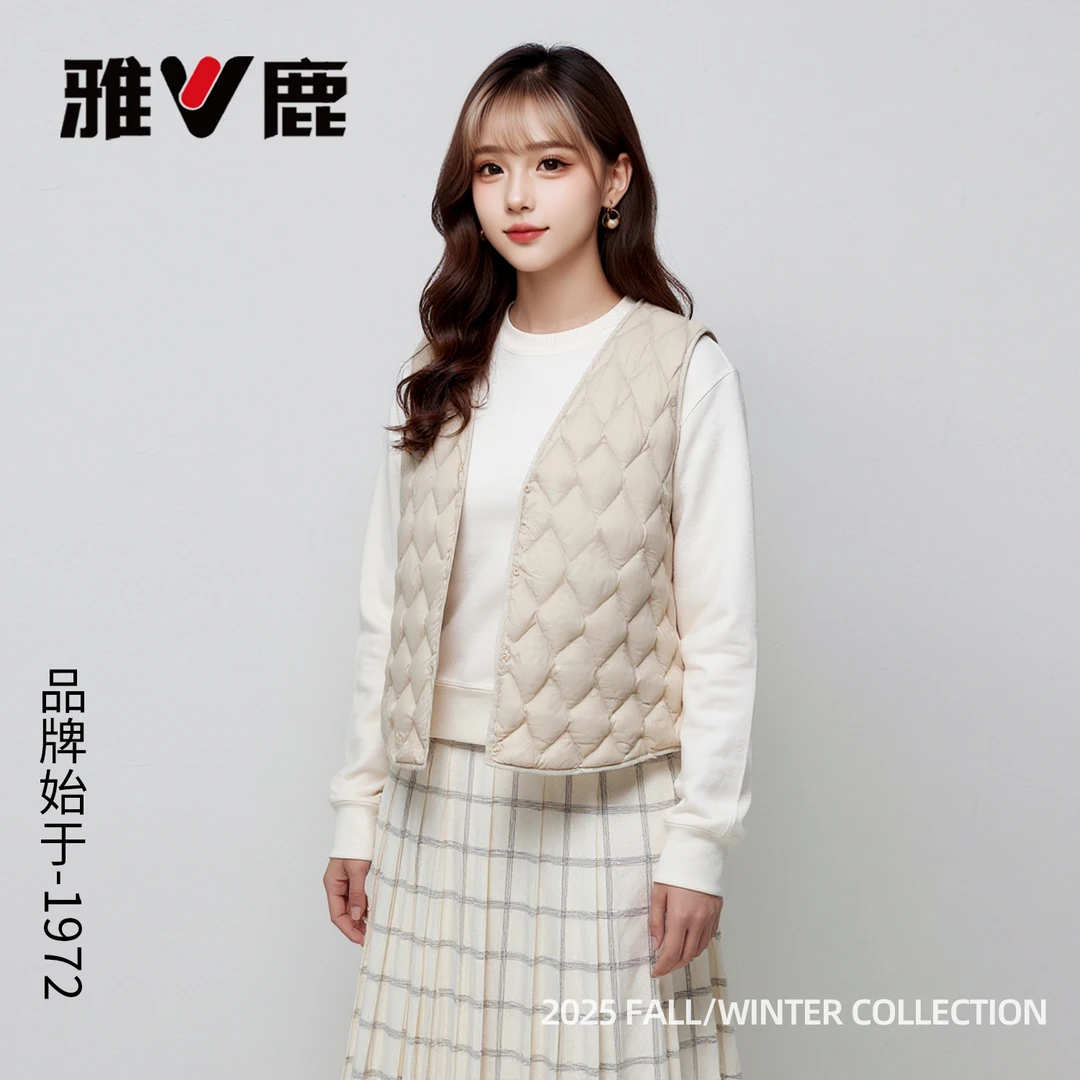 雅鹿羽绒马甲女士菱形格轻薄内搭90绒高蓬冬季保暖外穿羽绒服背心