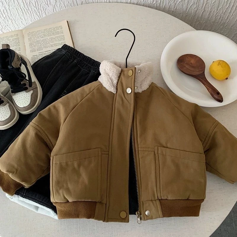 儿童棉服男童冬季加绒新款男童加厚保暖立领拉链外套宝宝冬装上衣