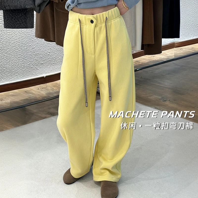 加绒加厚抽绳一粒扣弯刀裤女冬季奥粒绒高腰宽松显瘦百搭弯刀裤