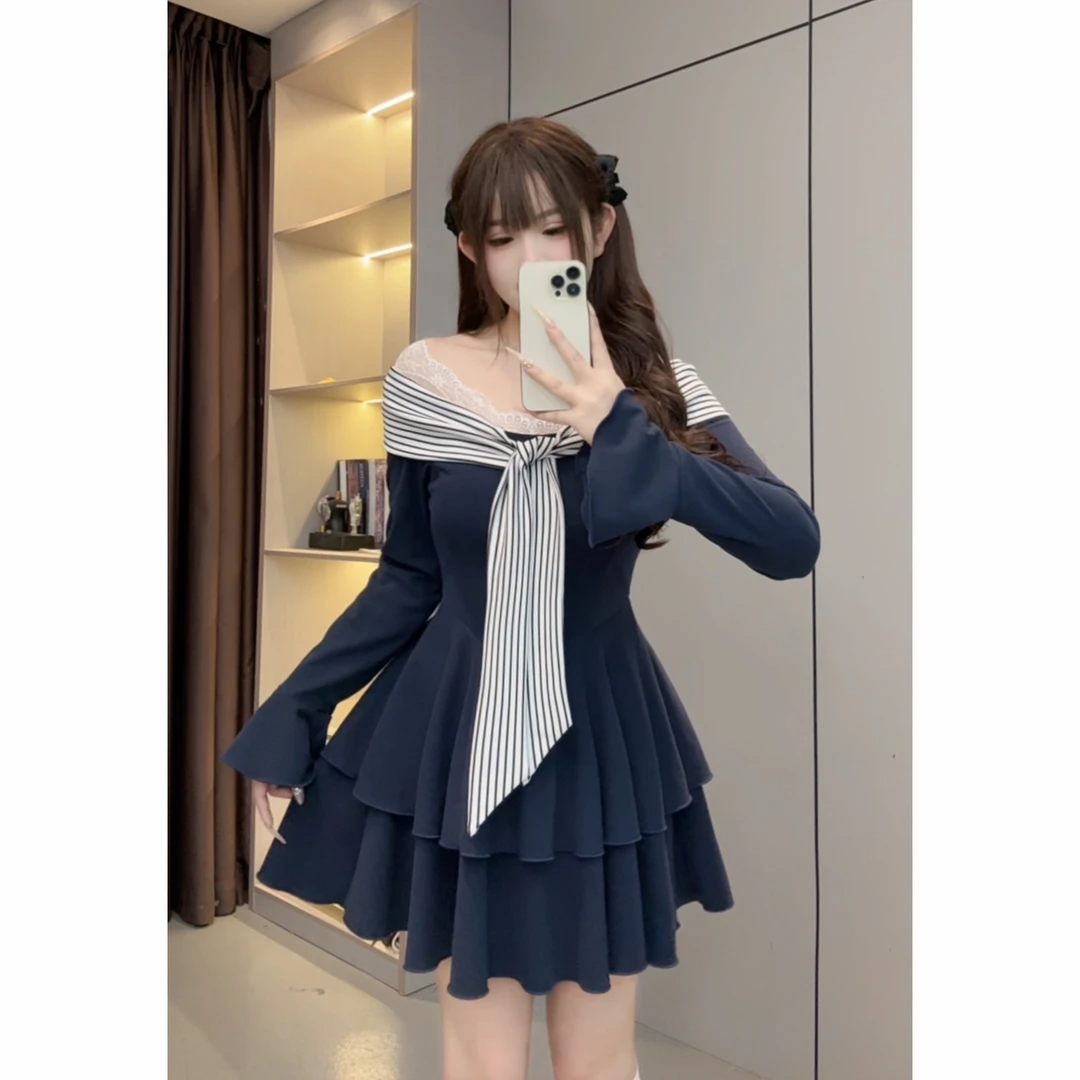 【甜梦爱丽丝】10622 胖m学院风气质百褶时尚花边百搭条纹连衣裙