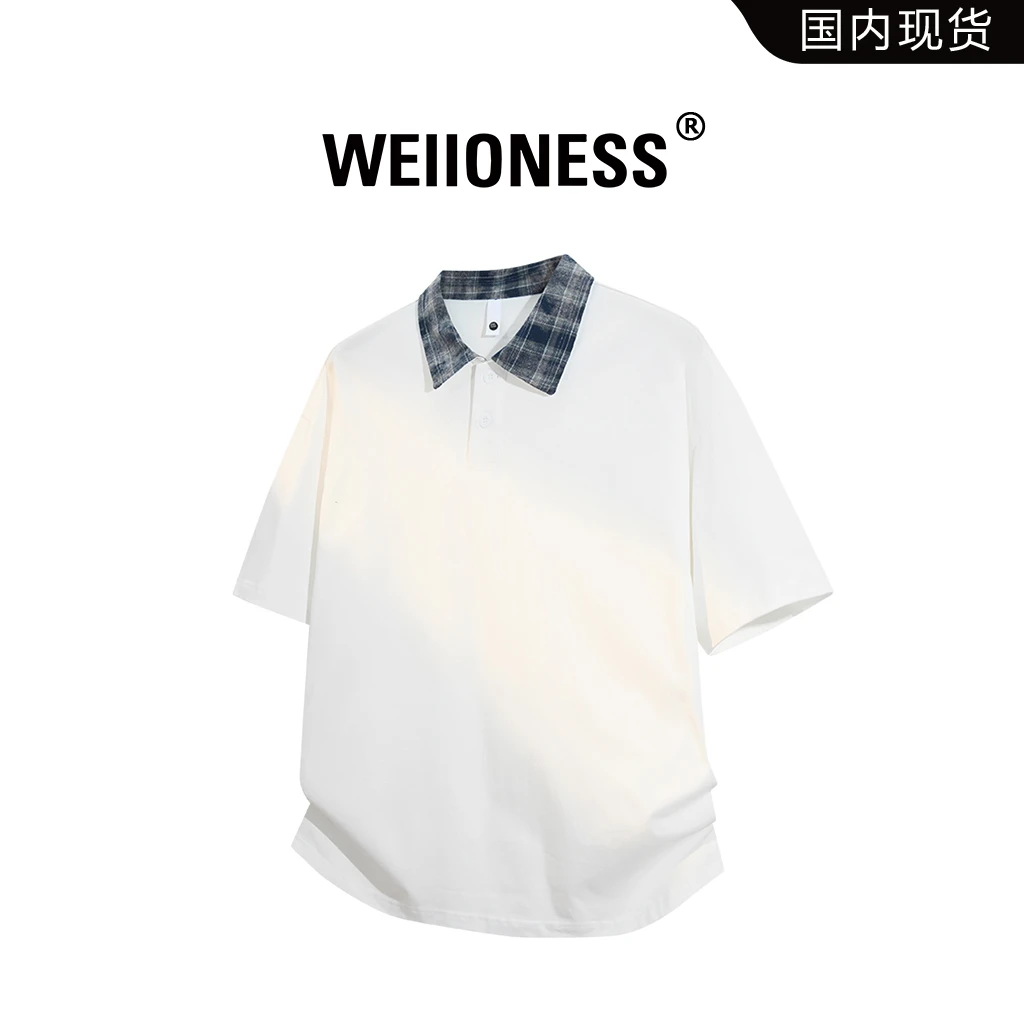 WEIIONESS复古拼接衬衫领短袖T恤男2025夏季潮牌撞色宽松休闲上衣