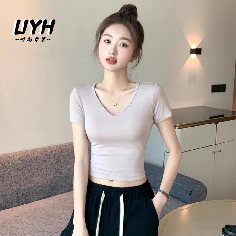 UYH莫代尔V领短款t恤女夏季短袖紧身露脐上衣薄款冰丝面膜小个子