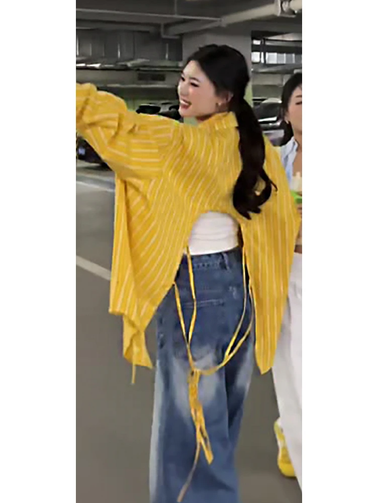 今年流行的漂亮黄色条纹露背防晒衬衫女夏季2025新款法式小资上衣