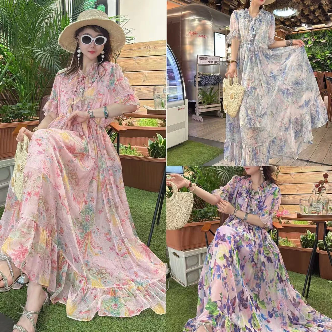 9873新款气质时尚V领半袖碎花亮片甜美连衣裙