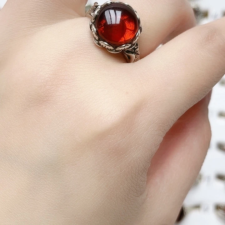 血珀戒指银S925镶嵌天然
