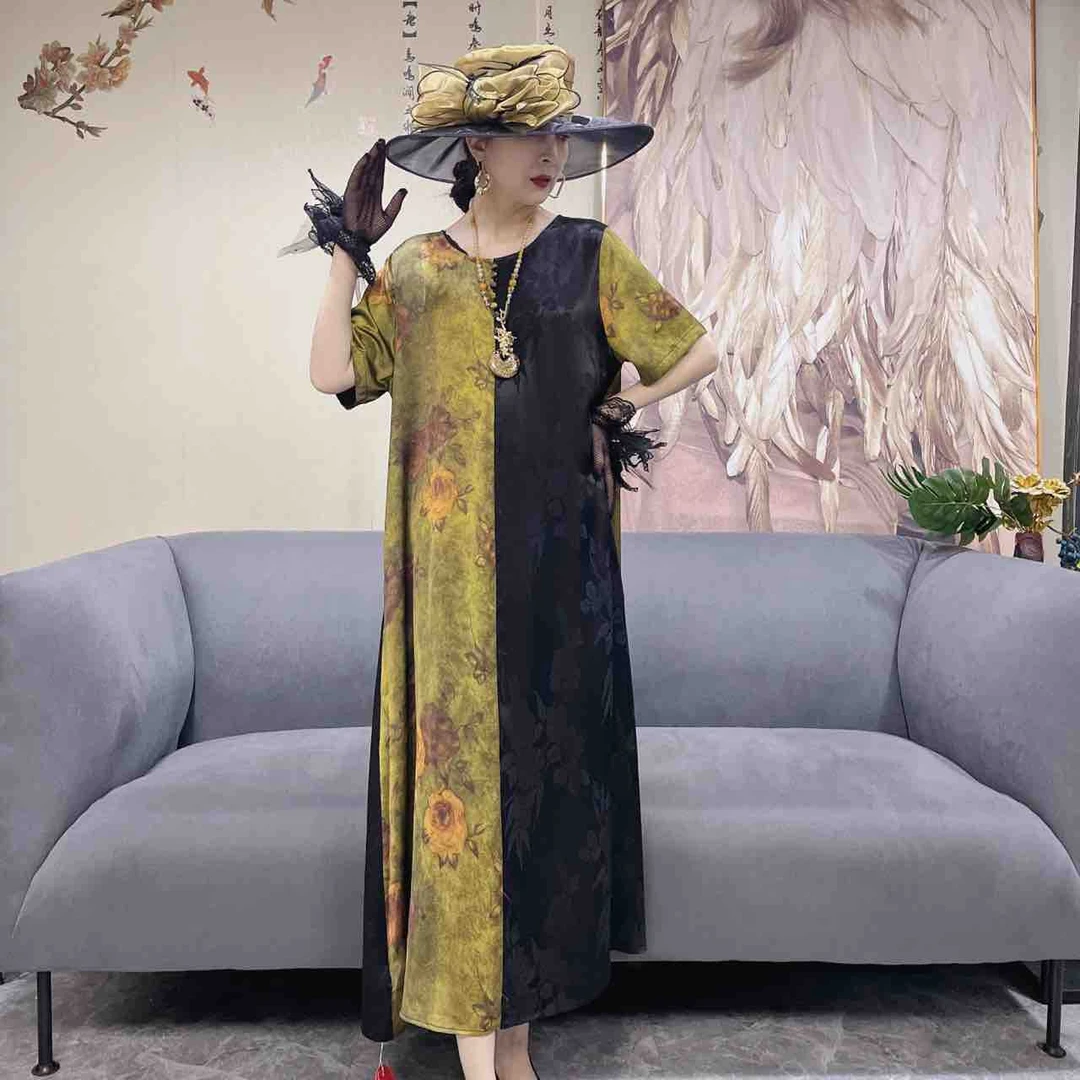 8510桑蚕丝国潮风高端女装中国风新中式妈妈装高贵夏季连衣裙