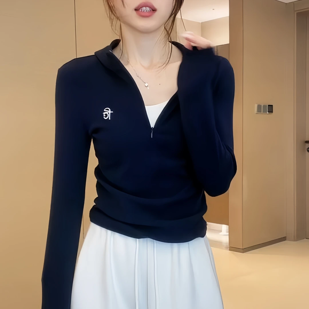 时尚连帽半拉链打底衫女2025春秋新款刺绣拼接长袖修身显瘦上衣