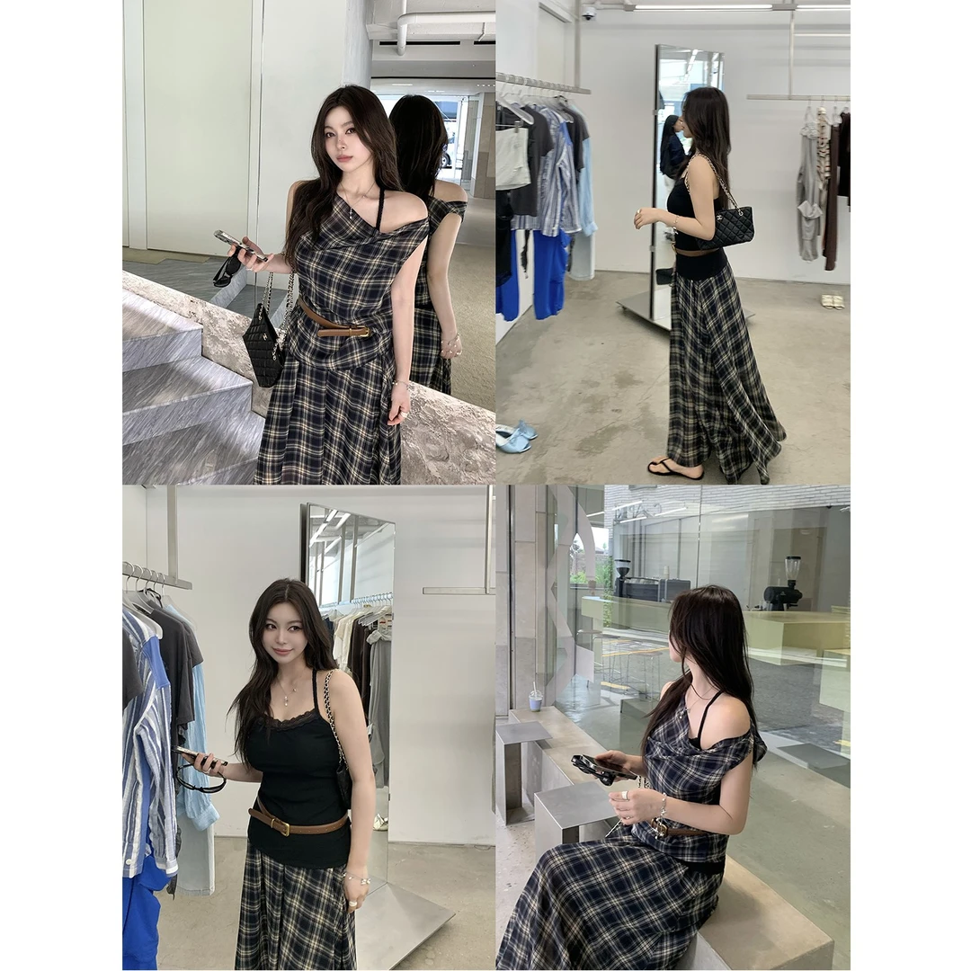 野生辣辣 周年系列 微胖mm复古高级格子上衣夏高腰半身裙大码套装