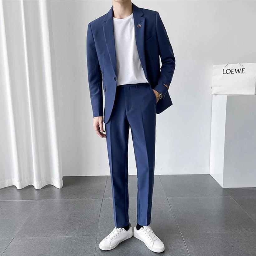 范哲萨夏轻熟风休闲西装男套装修身韩版潮流痞帅蓝色高级感小西服