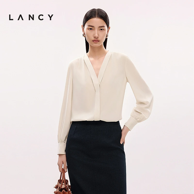 LANCY/朗姿2025夏新款高级感气质法式V领衬衫女通勤职业长袖上衣