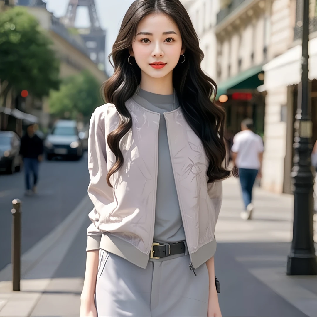 秋季长袖竹叶印花棒球服女士休闲时尚宽松防晒薄款拉链纯色外套女