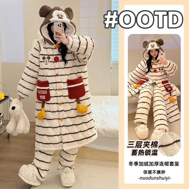 三层夹棉秋冬款珊瑚绒2025年睡袍女款加绒加厚保暖舒适家居服外穿