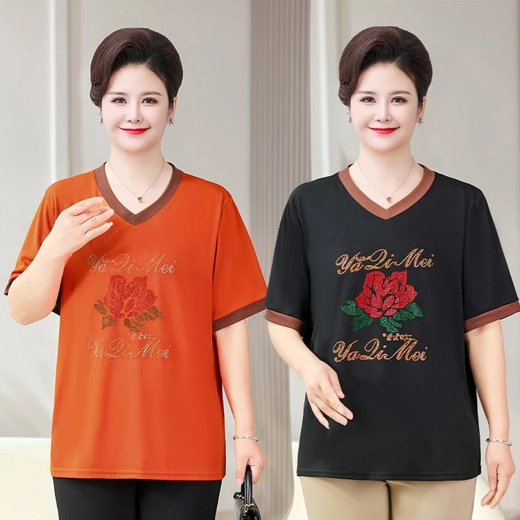 夏季休闲宽松t恤 大码妈妈装时尚洋气百搭短袖弹力带钻V领2025新